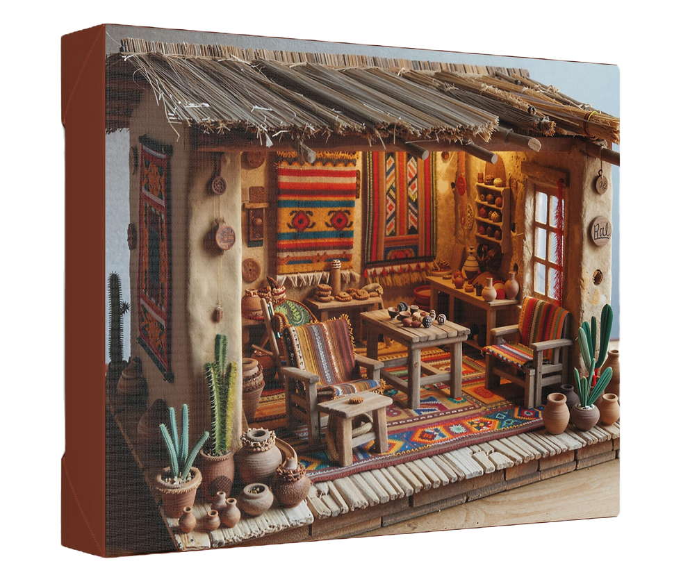 Cozy room with clay walls, colorful woven patterns, pottery, cacti, wooden furniture, and straw roof, exuding a rustic, warm ambiance.