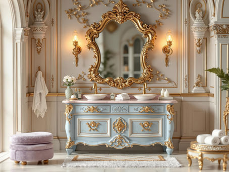 Where Gold Learns to Glow: An Austrian Fantasy Miniature Bathroom with Gilded Moldings, a Powder-Blue Vanity, and Imperial Whimsy