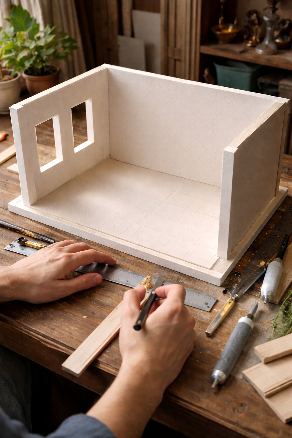 Hands craft a small wooden model house on a cluttered workbench with tools. Green plant in background, warm and focused atmosphere.