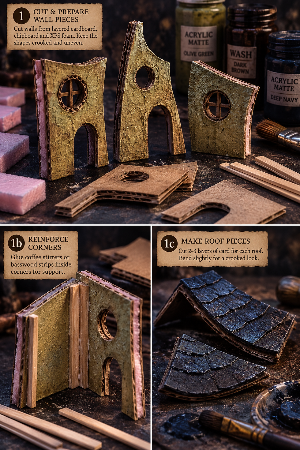 DIY miniature house parts made from cardboard and foam, with painted wall and roof pieces, brushes, and paint jars in a workshop.
