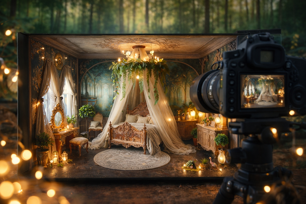 Camera photographing vintage bedroom diorama with ornate bed, draped canopy, plants, and soft lights in a forest-themed setting. Romantic mood.