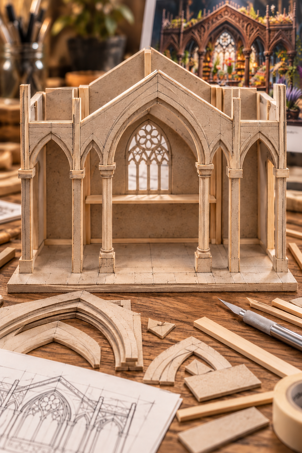 Wooden cathedral model on a workbench with carved arches, craft knife, cut pieces, and blueprint sketch, in warm light