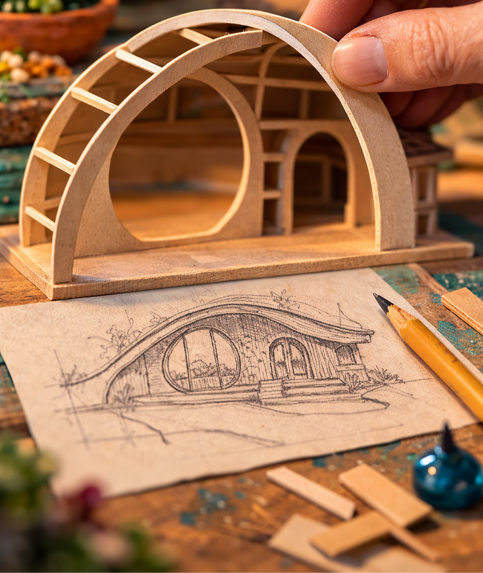 Hand places arched wooden model over sketch of a curved house. Pencil and wood pieces on a rustic table suggest creativity. Warm tones.