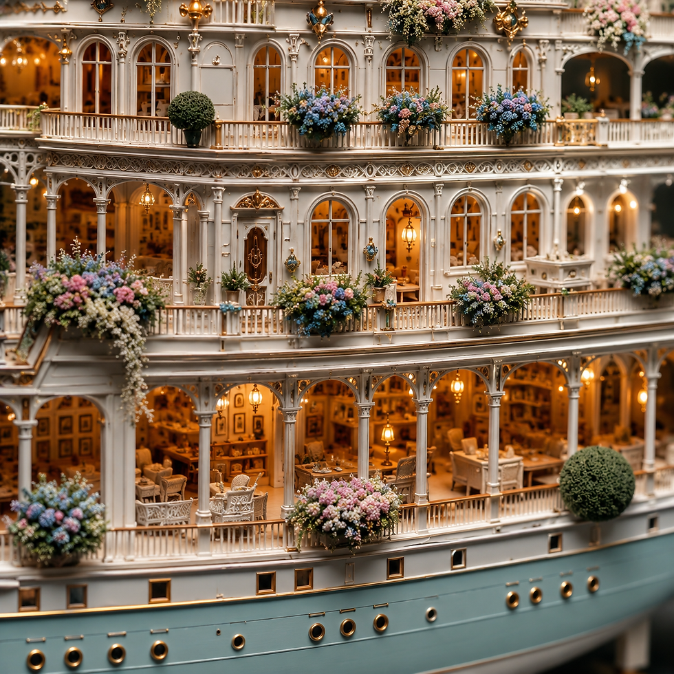 Elegant riverboat with ornate balconies adorned with colorful flowers. Warm lighting streams from arched windows, creating a cozy ambiance.