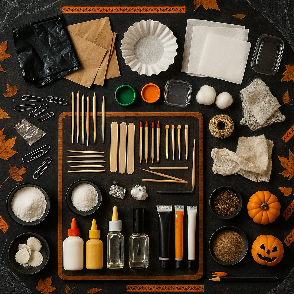 Craft supplies neatly arranged on a dark surface with autumn leaves and pumpkins, including sticks, glue, fabric, and paint tubes, creating a festive mood.