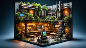 Post-apocalyptic miniature coffee shop with weathered pipes, a planted upper walkway, warm café lighting and a blue-lit plant chamber.