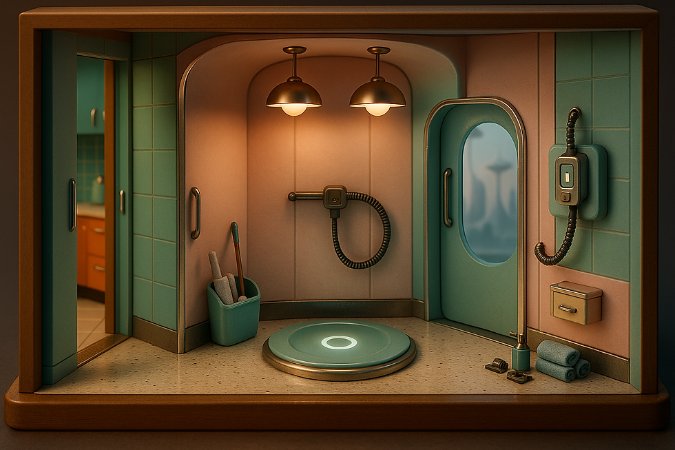 Miniature futuristic bathroom diorama with teal tiles, dual pendant lights, a mop in a bucket, round platform, and a control panel.