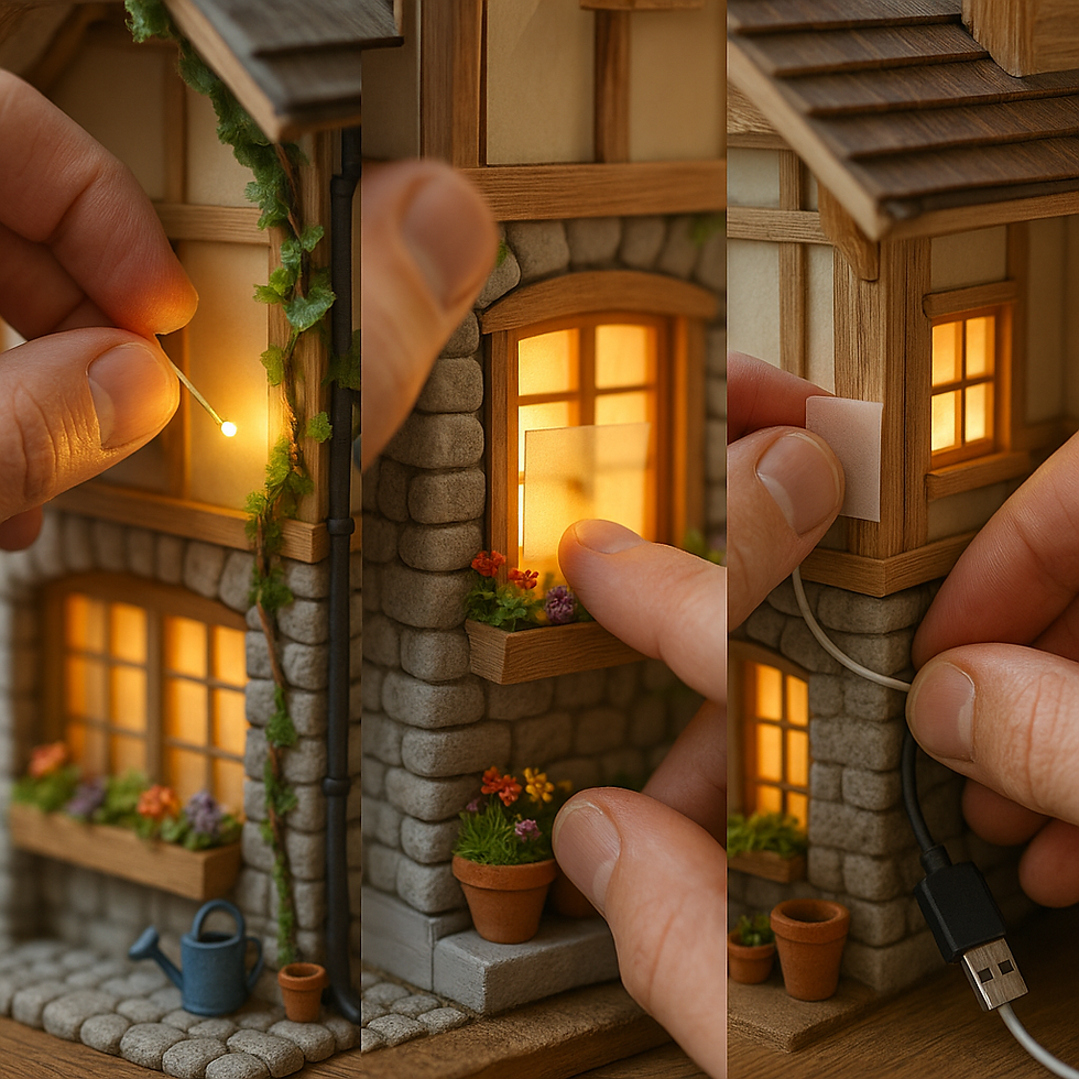 Hands install LED lights in a miniature stone house with glowing windows, surrounded by small flower pots. A USB cable is plugged in.