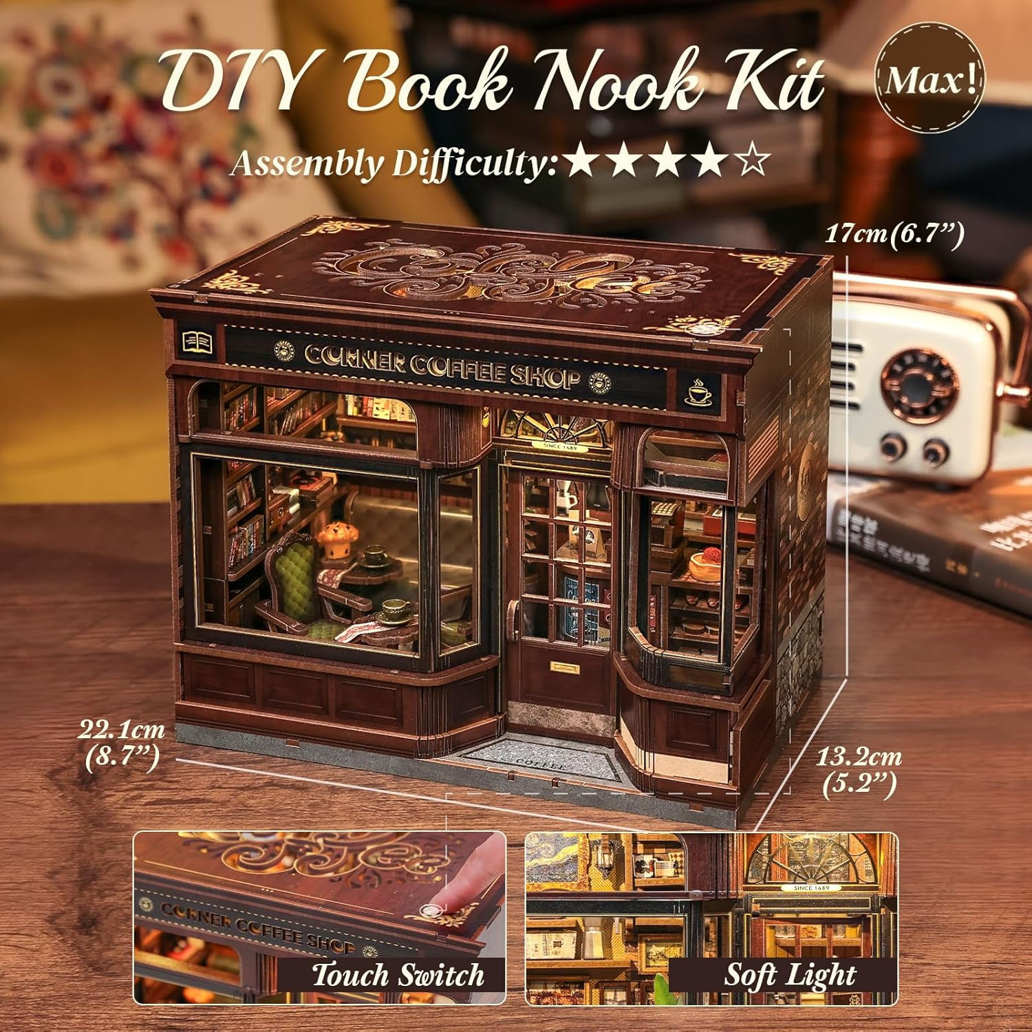 Book Nook Kit - DIY Miniature House Coffee Shop Dollhouse Kit for Adults