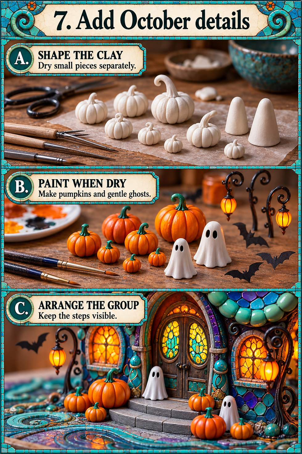 Three panels show shaping clay pumpkins and ghosts, painting dry pieces and arranging them around the miniature steps.