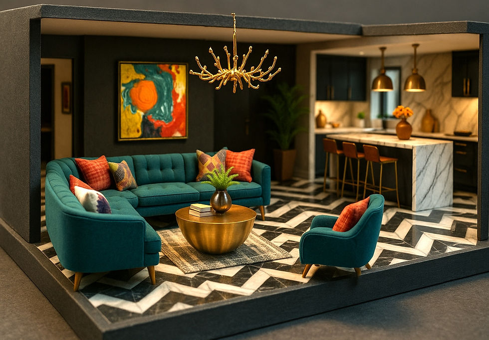 Teal sofa, patterned pillows, gold table in modern room with abstract art, chevron tile floor, gold chandelier, kitchen in background.