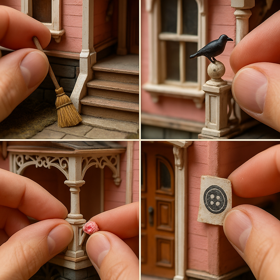 Hands arranging miniatures at a dollhouse porch. Actions include sweeping, placing a bird, attaching a rose, and holding a patterned card.