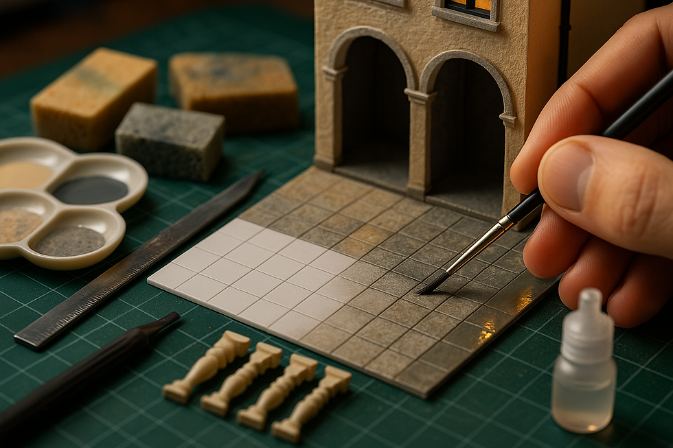 A hand paints tiles on a model's surface. Surrounding tools include brushes, sponges, and paint on a green grid mat. Arched building facade.