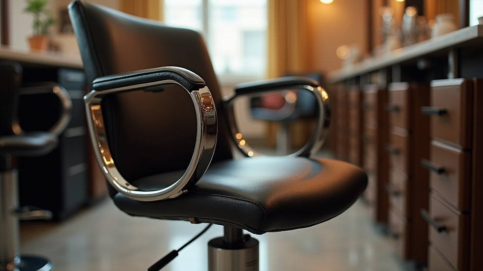 Eye-level view of a luxurious hair salon chair with hair extension tools