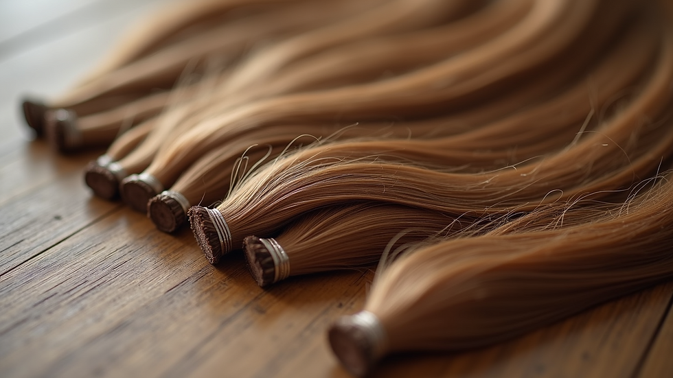 Close-up view of luxurious Remy human hair extensions laid out on a wooden surface