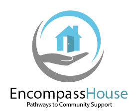 The Encompass House logo: A picture of a hand with an open palm holding a house with text: Encompass House Pathways to Community Support