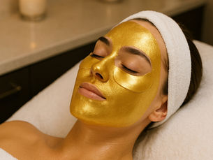 Gesicht von Frau mit Gold Maske und Goldenen Augenpads und einem weißen Stirnband