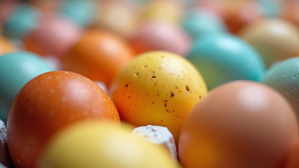 Close-up view of a variety of eggs in different colors
