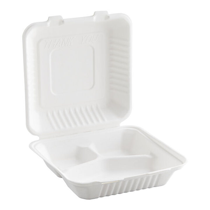 9" x 9" White Bagasse Hinged Container, 3-Compartment product
