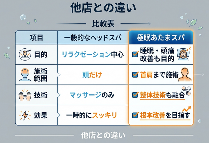 比較表



一般的なヘッドスパ 極眠あたまスパ

リラクゼーション中心 睡眠・頭痛改善も目的

頭だけ 首肩まで施術

マッサージのみ 整体技術も融合

一時的にスッキリ 根本改善を目指す
