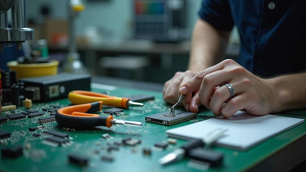 Vue rapprochée d’un atelier de réparation électronique avec outils et composants