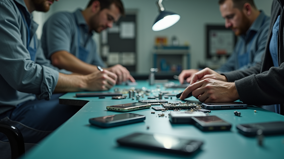 Vue en plongée d’un atelier de réparation de téléphones avec outils et pièces détachées