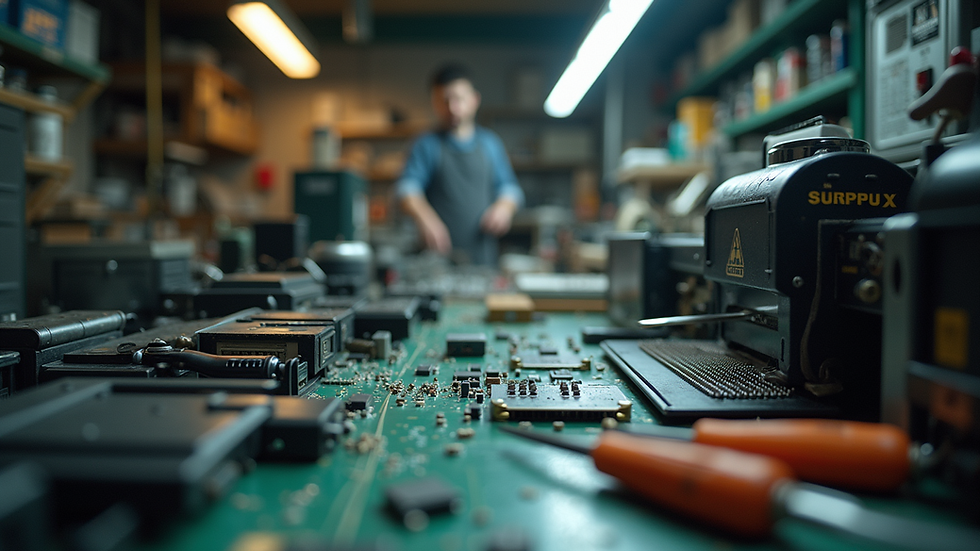 Vue en plongée d’un atelier de réparation électronique avec outils et pièces détachées