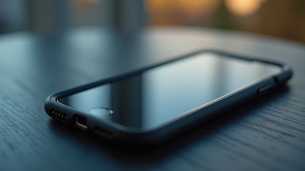 Close-up view of a smartphone with a protective case and tempered glass
