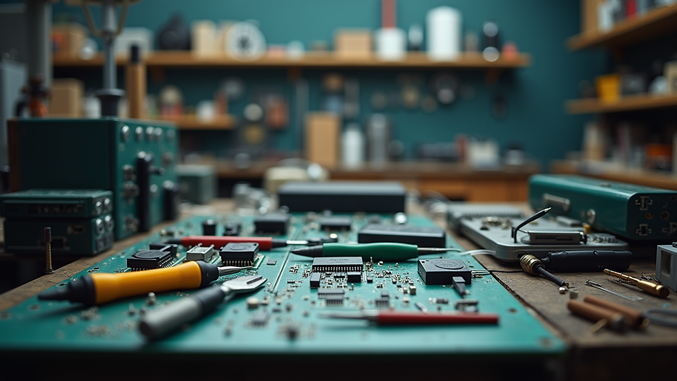 Vue en plongée d’un atelier de réparation électronique avec outils et pièces détachées