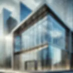 Fachada de edificio moderno con grandes paneles de vidrio templado y aluminio, reflejando el cielo urbano. Ejemplo de la versatilidad y estética del vidrio templado en arquitectura.