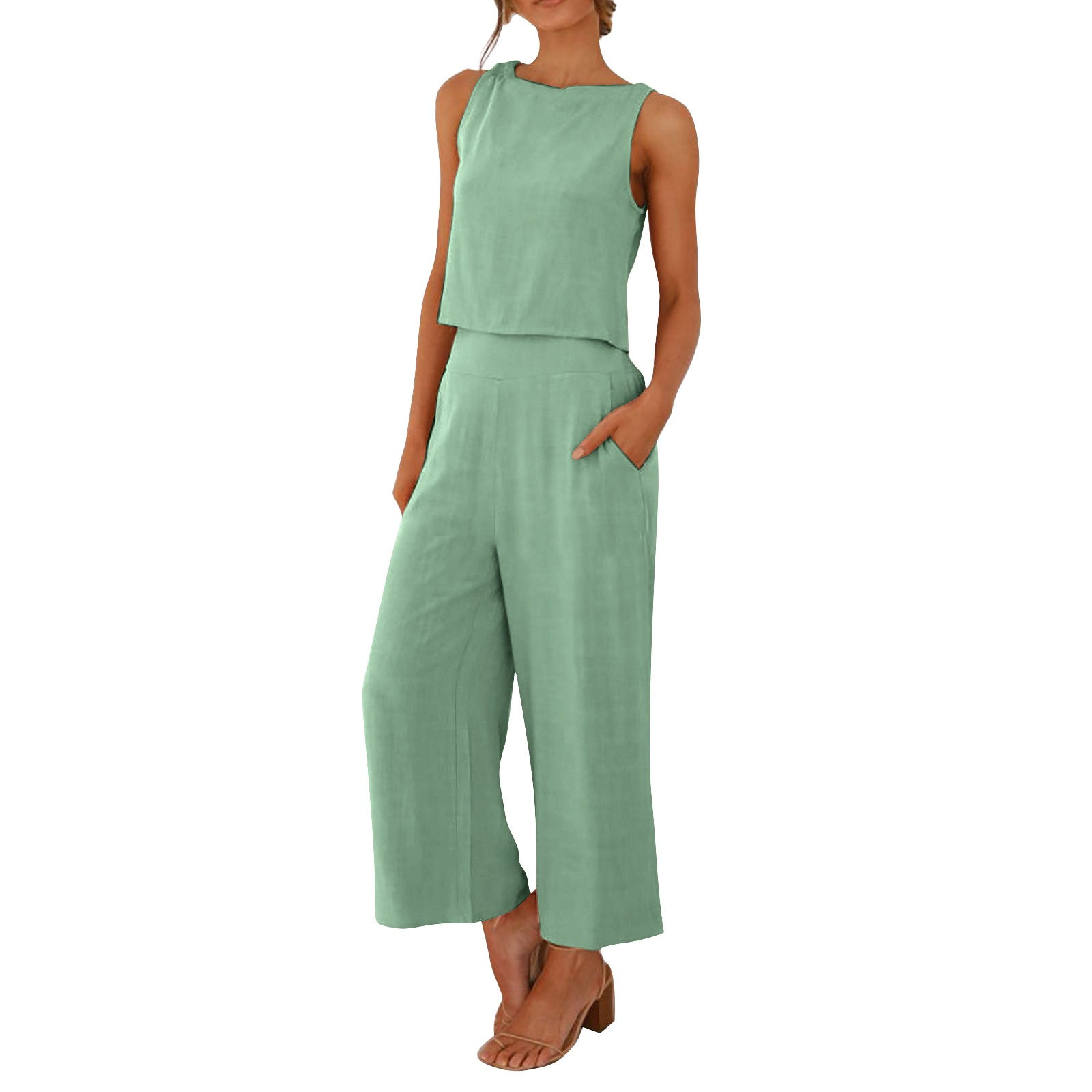 Casual Linen 2 Piece Elegant Sleeveless Wide Leg Trouser Sets