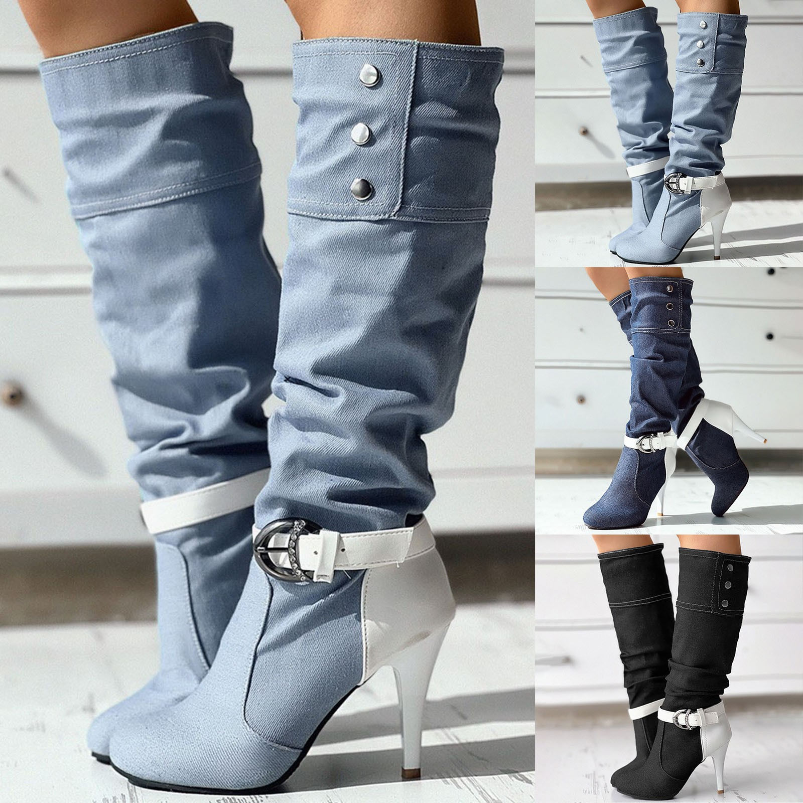 Denim High Heeled Boots