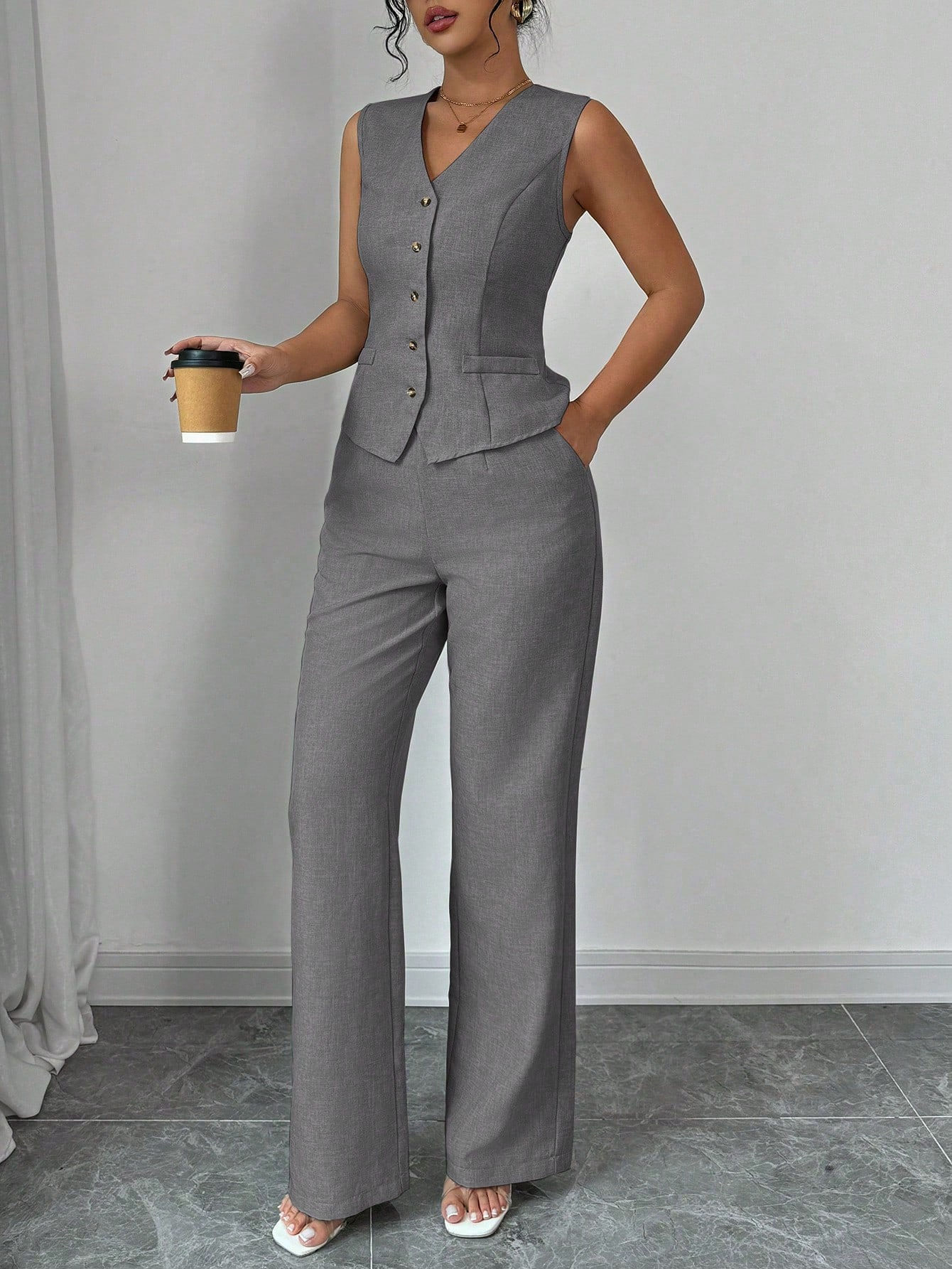 Casual Sleeveless V-Neck Cinched Waist Back-Tie Vest & Straight Leg Pants Suit