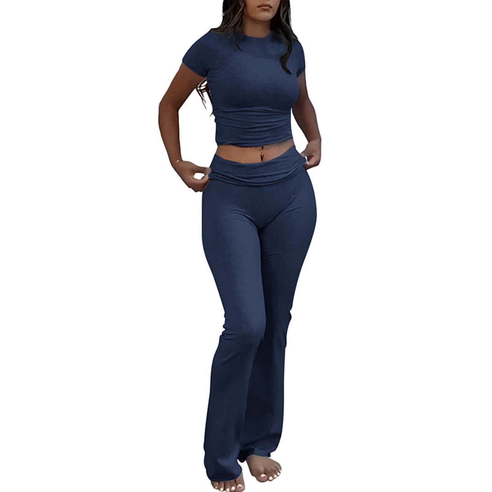 Slim Fit Short Sleeve Low Rise Flare Pants Tracksuit
