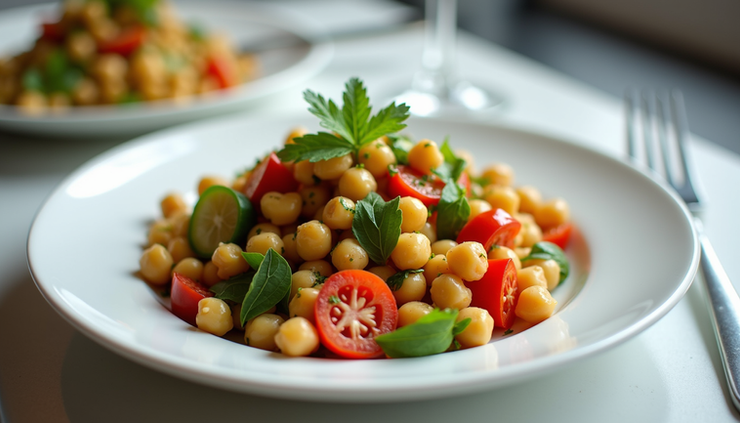 Prato colorido com salada de grão-de-bico, legumes frescos e ervas aromáticas