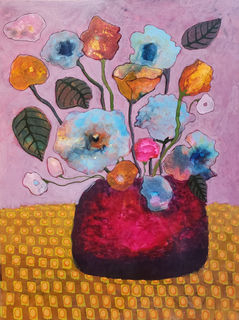 Quirky, imaginative floral painting, in browns, rusts, peach, gold and greens with many patterns.