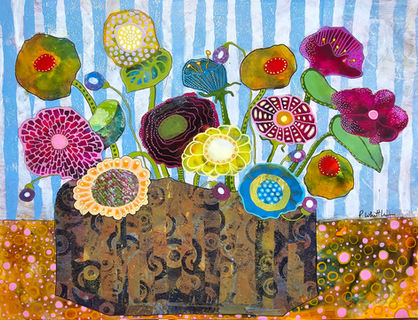 Mixed Media painting with multicolor funky flowers a collaged vase and stripes on the back wall. Blue and Pink and Browns