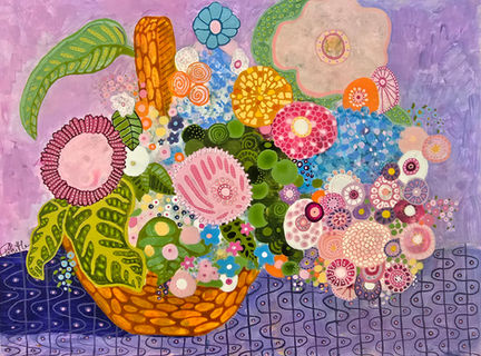 Mixed media whimsical botanical painting in blues, greens, pinks and orange.