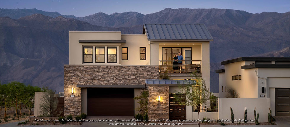 Modern two-story house at dusk with mountain backdrop; two people on balcony, warm lights glowing, model home disclaimer text below.