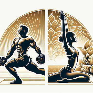 Una mujer practicando yoga y un hombre cargando pesas.