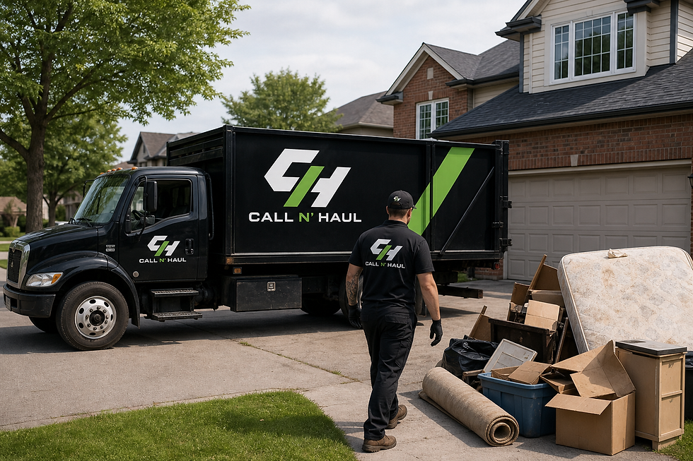 Call N' Haul junk removal truck in a Barrie driveway with a crew member walking toward boxes, a mattress and household junk set out for pickup