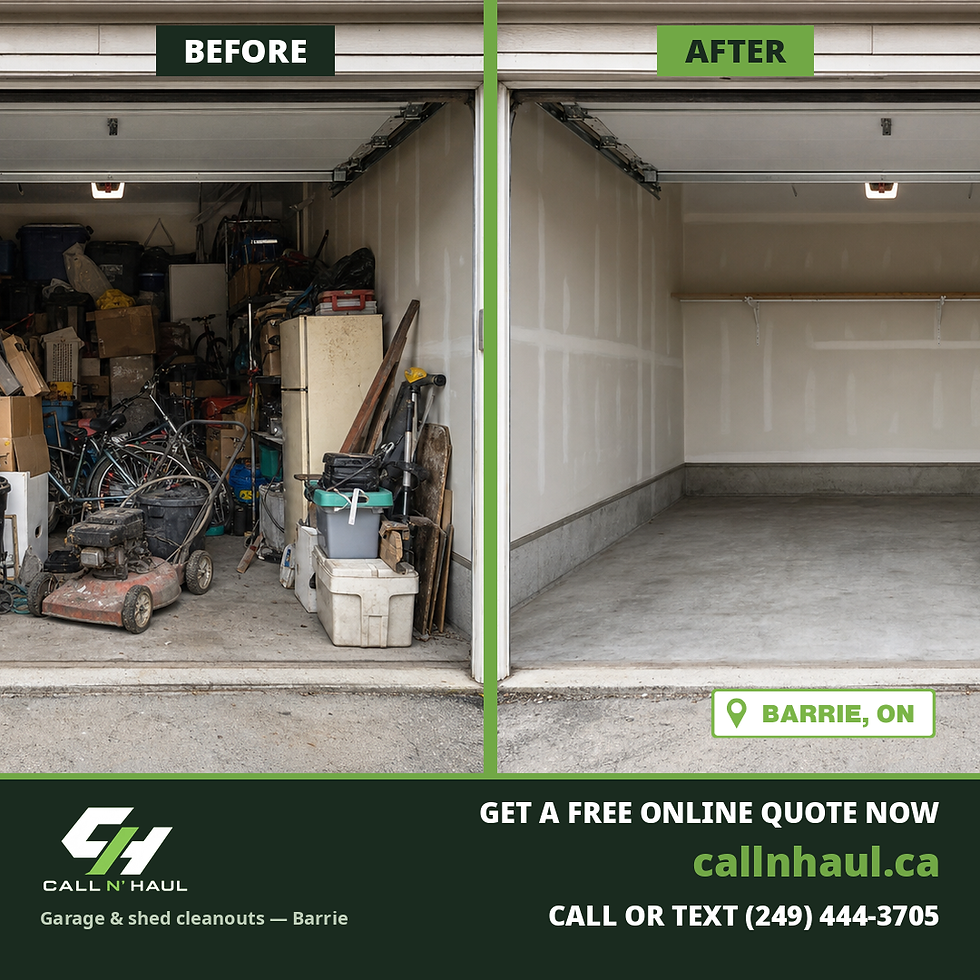 Before and after garage cleanout in Barrie by Call N' Haul: a cluttered garage with bikes, a lawn mower and boxes, then the same garage empty
