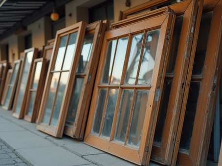 Used windows and old wood window frames lined up outdoors for sale in Edmonton