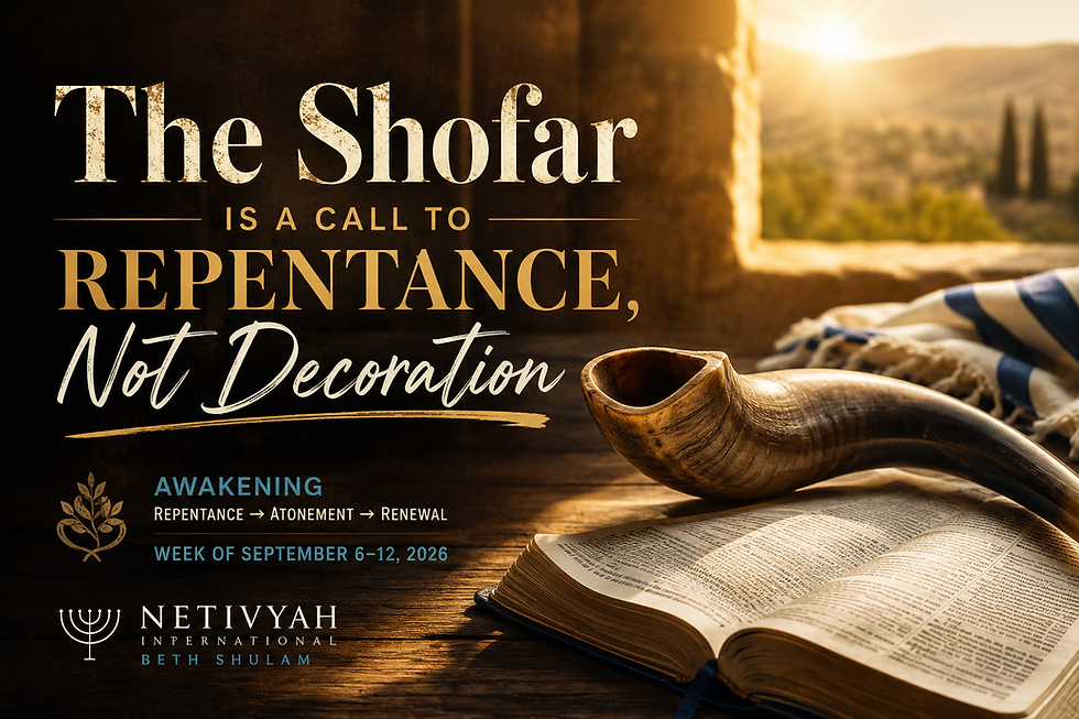 Poster with shofar and open Bible in warm light; text reads The Shofar Is a Call to Repentance, Not Decoration.