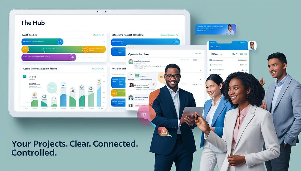 A high-quality, modern graphic showing___•_A clean dashboard_interface of “The Hub” with e