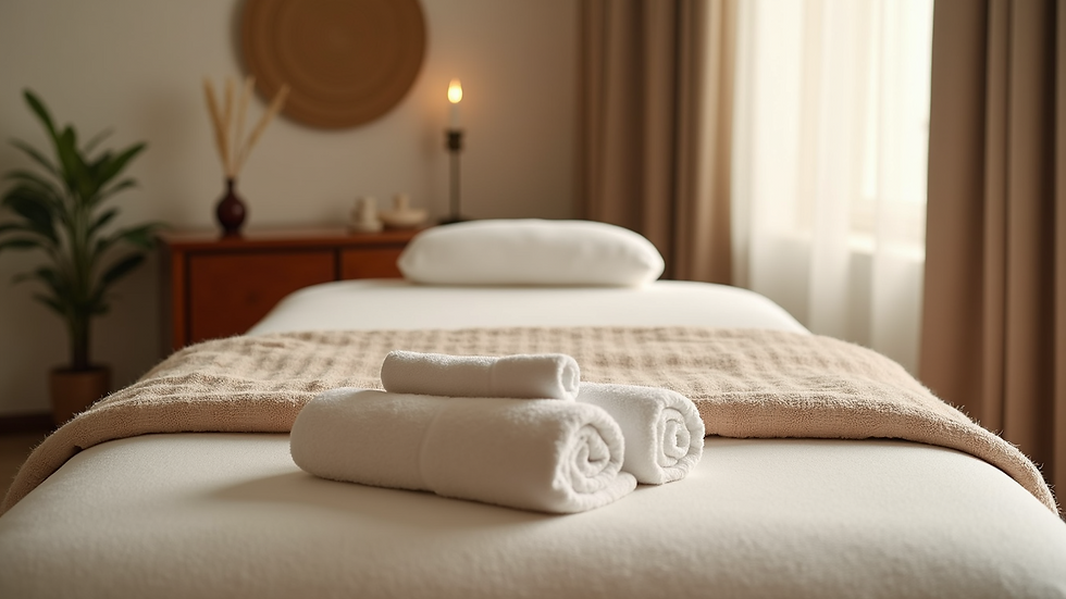 High angle view of a massage table with soft towels and calming decor