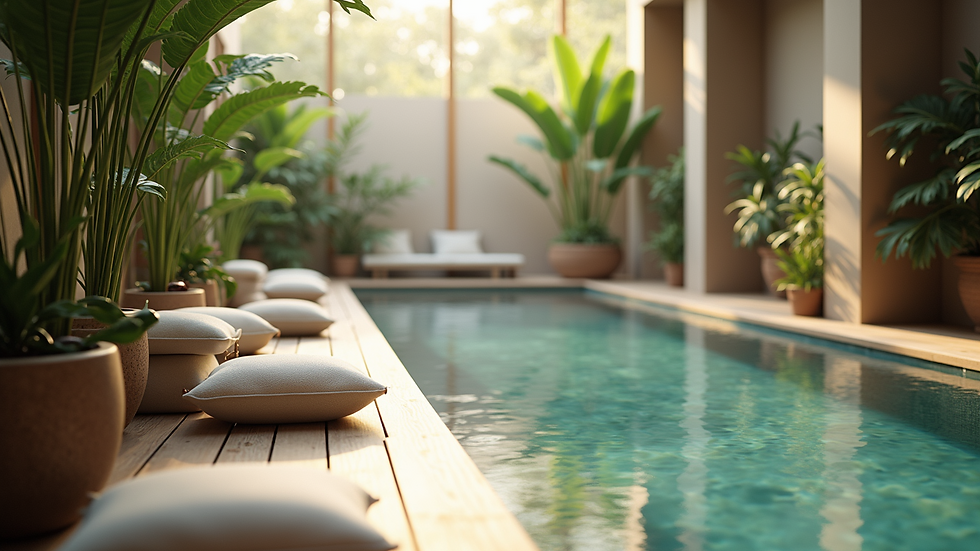 High angle view of a peaceful spa corner with plants and soft cushions