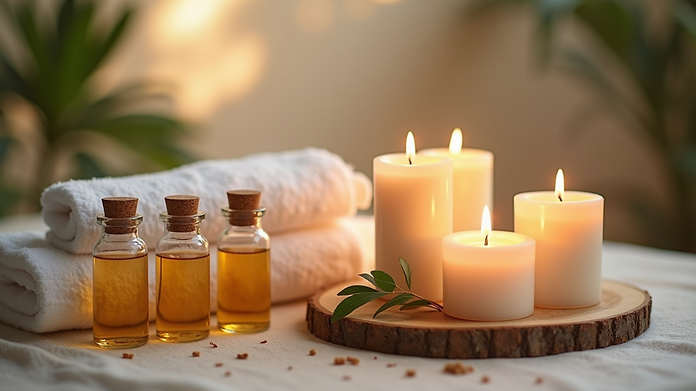 Close-up view of spa essentials including aromatic oils, candles, and towels