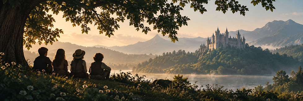 Silhouettes of children overlooking a peaceful lake and distant castle in a dramatic mountain landscape.