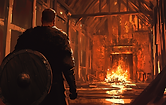 Beowulf — warrior with a shield entering a firelit wooden hall in a medieval Nordic setting.